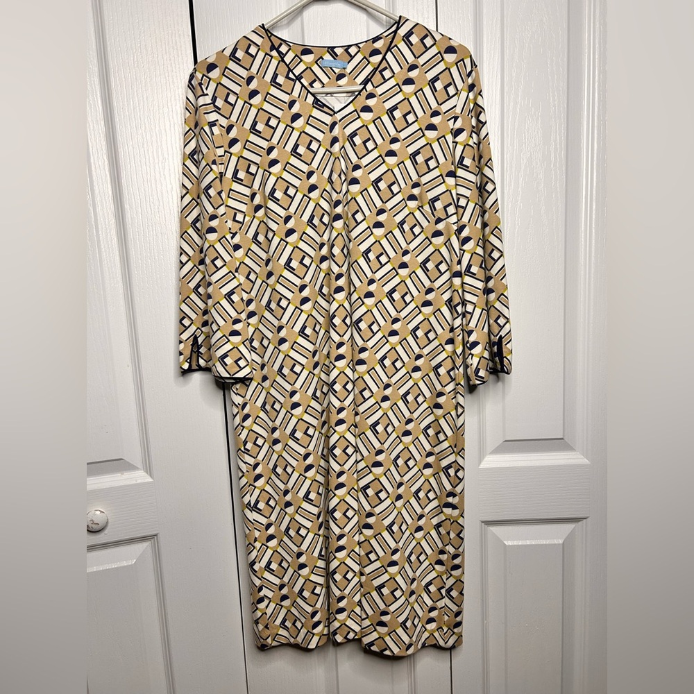 J. McLaughlin Geo‎ Print Bell Sleeve V Neck Shift Dress Beige White Womens Large